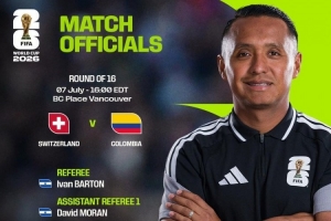 2026年世界杯1/8決賽瑞士對陣哥倫比亞比賽裁判：薩爾瓦多裁判伊萬·巴頓執(zhí)裁