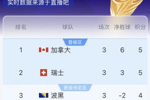B組半場實時積分排名：加拿大領跑，瑞士緊隨其后，波黑以4分位居第三，卡塔爾排名最后