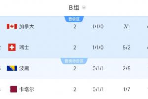 B組積分榜：加拿大和瑞士積4分，波黑和卡塔爾積1分，出線(xiàn)前景樂(lè)觀